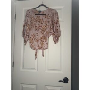 Daytrip Boho Floral Tie Front Kimono Top Medium Pink Mustard Red Cream